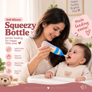 Nest-Feed squeezy feeding bottle being used by a mother to feed her baby with a spoon-style tip