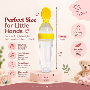 Nest-Feed yellow soft silicone squeezy feeding bottle showing 19 cm height, 5 cm width, 90 ml capacity and lightweight design
